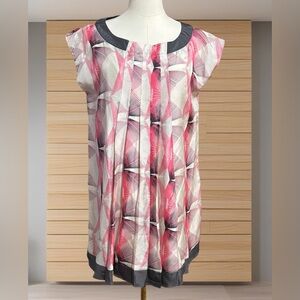 100% Silk Shift Mini Dress Mod Abstract Geometric Print Pink Gray Sleeveless 8